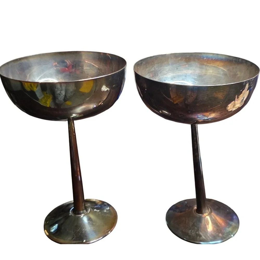 Silverplate Goblets Pair Vintage Mid Century Modern Style Tarnish Silver